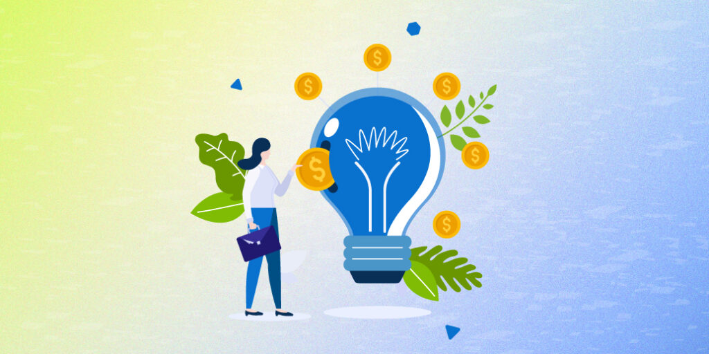 Graphic Showing lady putting money into blue light bulb