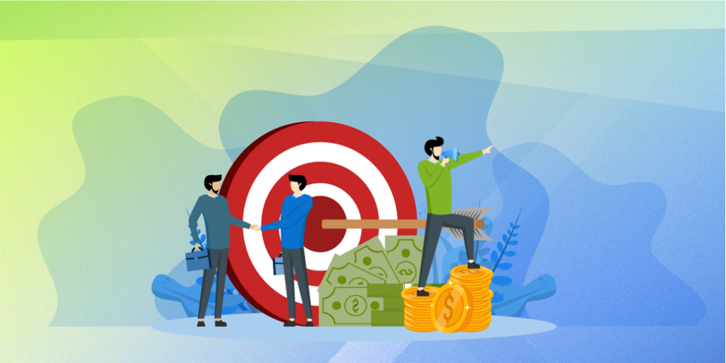 3 cartoon men standing on money in front of a large red and white target