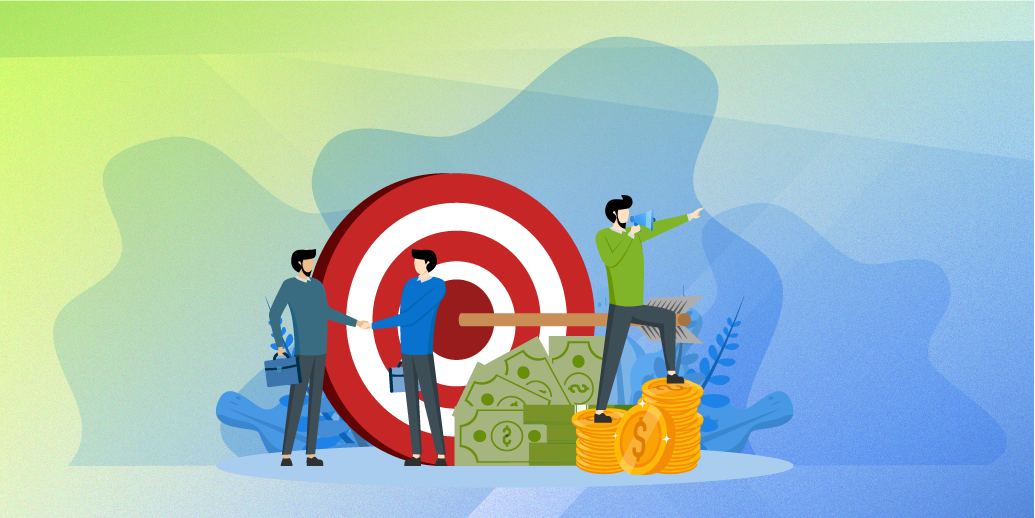3 cartoon men standing on money in front of a large red and white target